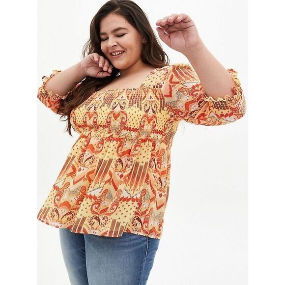 Torrid Smocked Chiffon Babydoll Three Quarter Sleeve Top Sz 1X - Picture 1 of 12